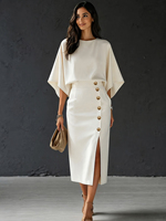 Robe midi de luxe pour femme, col rond, manches chauve-souris, effet deux pièces, style navetteur, taille haute avec boutons dorés et fente
