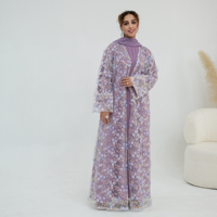 Abaya de luxe, vêtements islamiques, broderie florale, dentelle, ensemble 3 pièces, abaya modeste, robe musulmane pour femmes avec doublure et hijab
