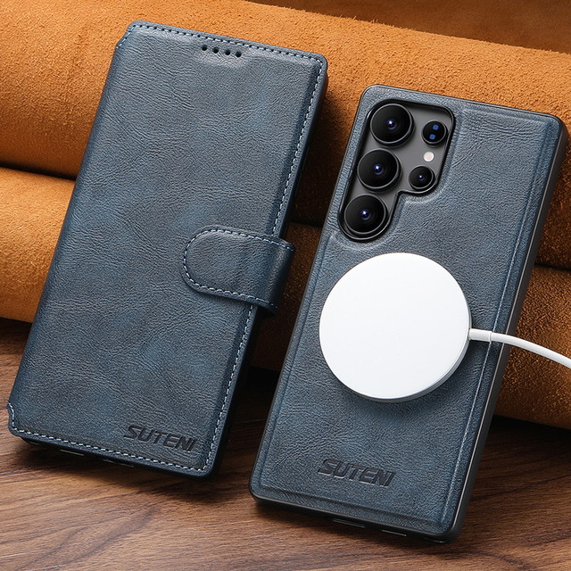 SUTENI for Samsung S26 Ultra Phone Case Magnetic Wireless Charging Flip Cover Card Holder Stand Wallet Faux Leather S25 Plus S24