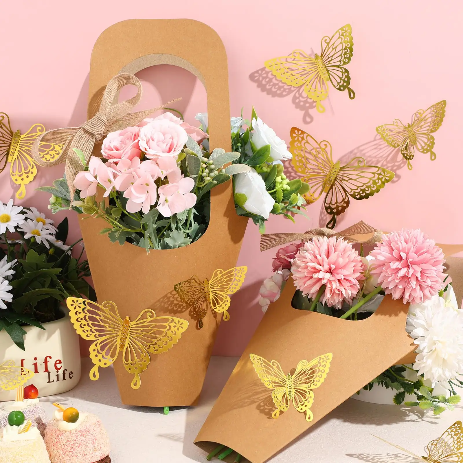Venta al por mayor personalizado floristería boda fiesta regalo decoración embalaje rosa cajas flor bolsa con asa
