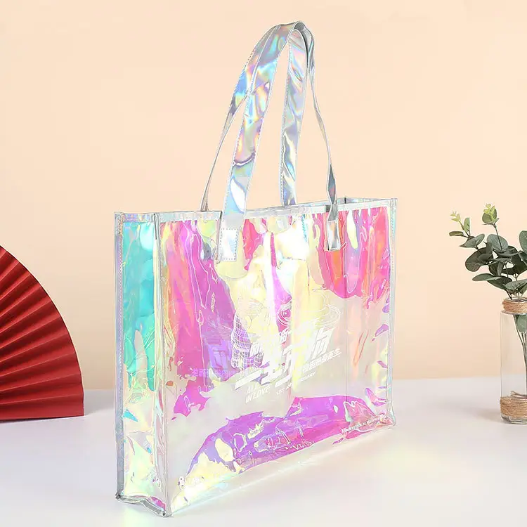 Bolso de compras reutilizable de pvc con estampado personalizado, bolsa de mano de color láser arcoíris, impermeable, de embalaje reutilizable