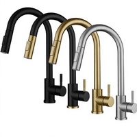 Robinet de cuisine moderne minimaliste en acier inoxydable 304 brossé avec bec col de cygne haute portée, double jet et levier rotatif