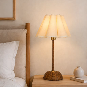 Draadloze oplaadbare rotan tafellamp, draagbare lampenkap van geplooide stof, afstandsbediening, dimbaar, kleurveranderend, slaapkamerdecoratie - Product Image 1