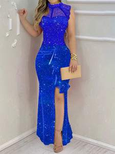 Abito Maxi in Maglia <span class=keywords><strong>con</strong></span> Applicazioni in Strass - Collo Alto, Spalle Scoperte, Aderente <span class=keywords><strong>con</strong></span> <span class=keywords><strong>Spacco</strong></span> <span class=keywords><strong>Laterale</strong></span> - Elegante <span class=keywords><strong>Vestito</strong></span> da Festa - Product Image 2