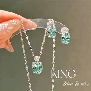 Joyería King Silver, conjunto de collar y pendientes de plata de ley S925 con cristal verde menta, estilo retro de moda para uso diario. - Product Image 1