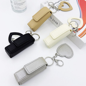 PU Leather <b>Lipstick</b> <b>Holder</b> Keychain With Heart Mirror Portable Lip Balm Case Mini Cosmetic Storage Bag Charm for Gift - Product Image 3