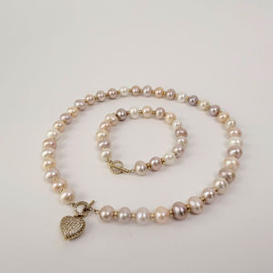 8-9mm gelang mutiara air segar dengan manik-manik warna-warni + Set kalung modis manis tidak beraturan multi-volume gelang kalung mutiara - Product Image 1