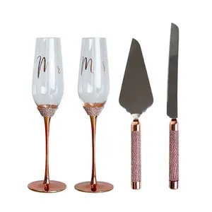 210ml Diamonds 3 Color Electroplate Champagne Flute Glass set Wedding Party Champagne Goblet With Cake knife shovel