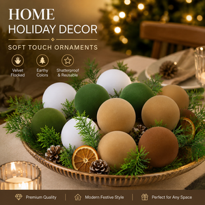 Lot <span class=keywords><strong>de</strong></span> 12 boules <span class=keywords><strong>de</strong></span> Noël floquées modernes et minimalistes, semi-artisanales en plastique, vert neutre, marron, blanc, velours, pour arbre - Product Image 4