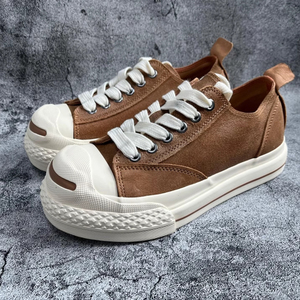 QIFON Japanese <b>Style</b> Men's Casual Shoes Horse Leather Canvas Big <b>Head</b> Thick Bottom Niche Trendy Vulcanized Shoes Genuine Leather - Product Image 2