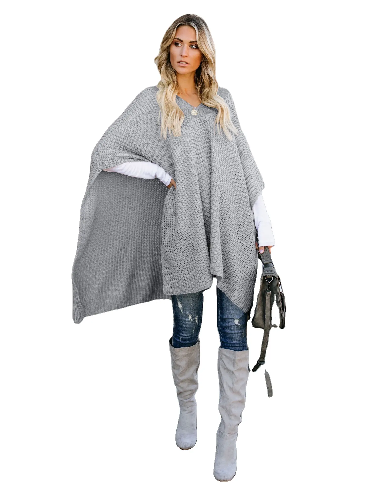 Readymake-Poncho de gran tamaño para mujer, capa lisa, suéteres con cuello de pico, capa de punto de poliéster, superventas, otoño