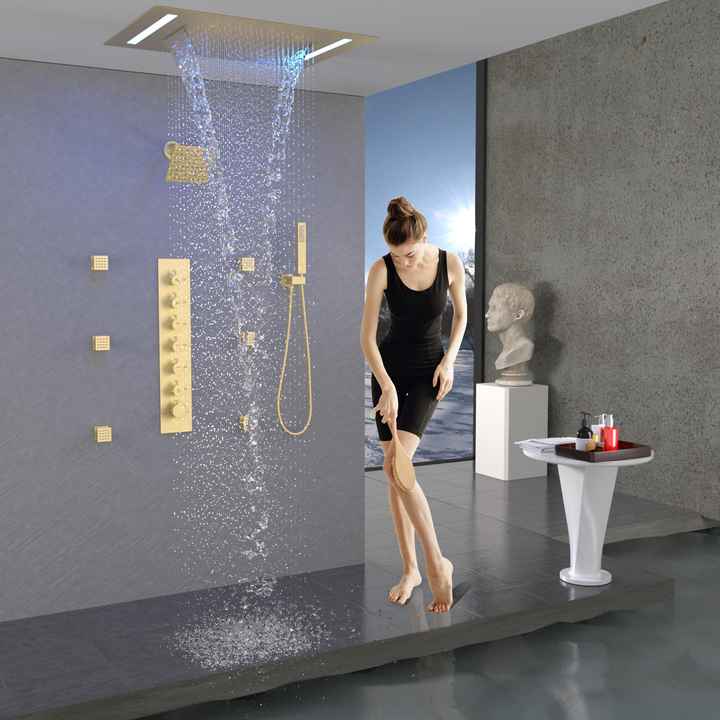 Brushed Gold Ceiling Mount LED 14x20inch and 6inch Double Shower Heads ...
