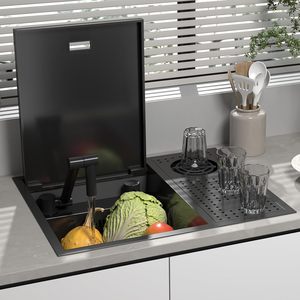 Handmade Modern Single Bowl <strong>Kitchen</strong> <strong>Sink</strong> with Hidden Cover and Cup Washer for RV Use - Product Image 1
