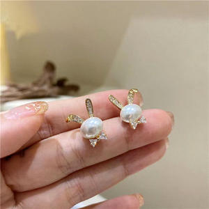 Boucles d'oreilles lapin en argent S925 WENCHI avec perles rondes de 7-8 mm, plateau vide, origine Chine, modèle 11360 - Product Image 1