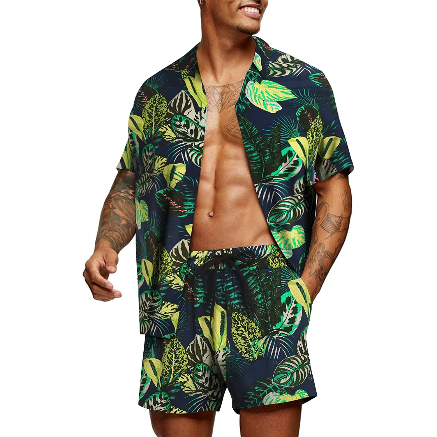Benutzer definierte Full Over Printed Herren Blumen hemd Hawaiian Sets Casual Button Down Beach Wear Kurzarm T-Shirt