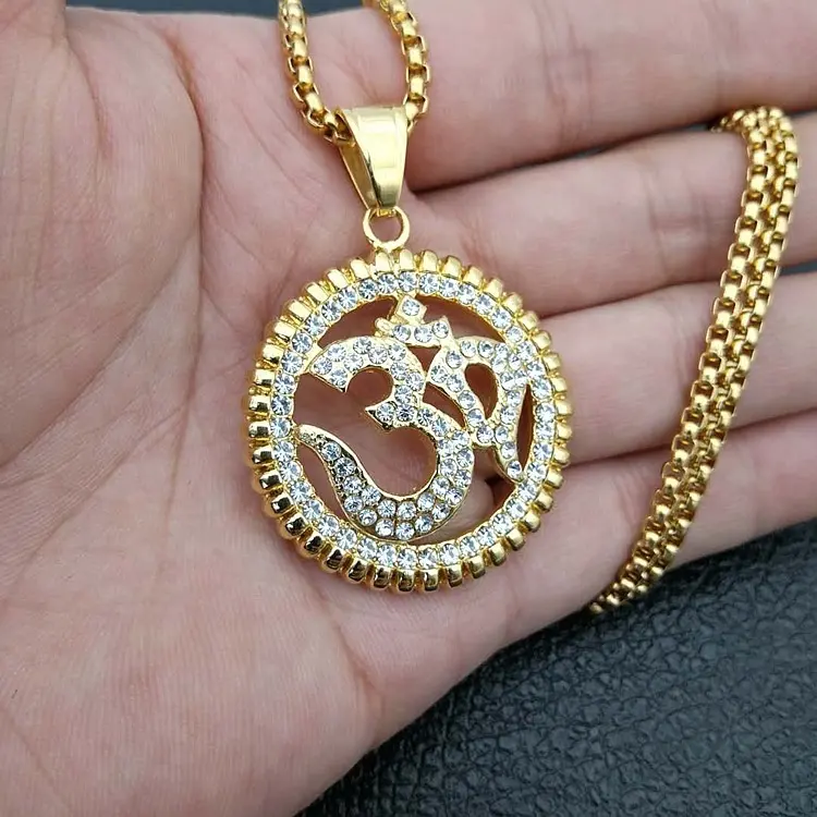 Acciaio inossidabile placcato oro Logo personalizzato cristalli di diamante antico indiano Yoga Aum OM simbolo collana con ciondolo gioielli
