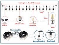 Guirlande lumineuse d'extérieur de qualité commerciale, fil résistant aux intempéries, ampoules Vintage de jardin 18 Edison, 15 prises suspendues, 24 pieds, 36 pieds, 48 pieds