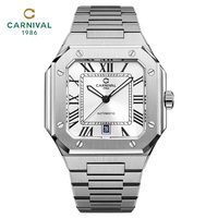 Montre mécanique de luxe carrée rouge pour homme de la marque CARNIVAL, en acier inoxydable, lumineuse, résistante à l'eau 50M, aiguilles 42mm