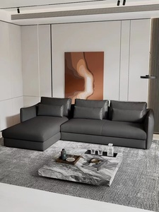 Italian Minimalist Black Jungle Leather Sofa with Top Layer Cowhide <strong>Living</strong> <strong>Room</strong> <strong>Corner</strong> Small <strong>Unit</strong> Down Row Sofa - Product Image 2