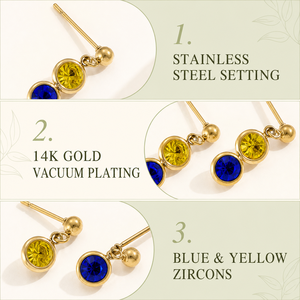 Boucles d'oreilles pendantes en zircon bleu et jaune, en acier inoxydable plaqué or 14 carats sous vide, bijoux minimalistes à deux pierres - Product Image 3