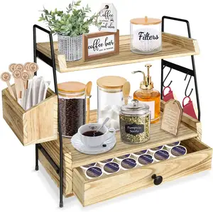 custom 2 Tier Kitchen Counter Shelf Organizer Coffee Bar station capsule Organizer with Drawer and Coffee Filter Holder