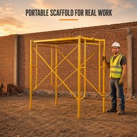 Échafaudage industriel en acier Q235, revêtement poudré jaune, avec cadre portique, échelle en X et plateforme grillagée pour atelier et construction