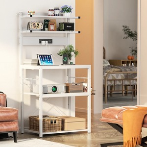 Étagère de cuisine moderne en bois blanc Support de <span class=keywords><strong>boulanger</strong></span> avec prises de courant LED Support pour micro-ondes 10 crochets en S - Product Image 1