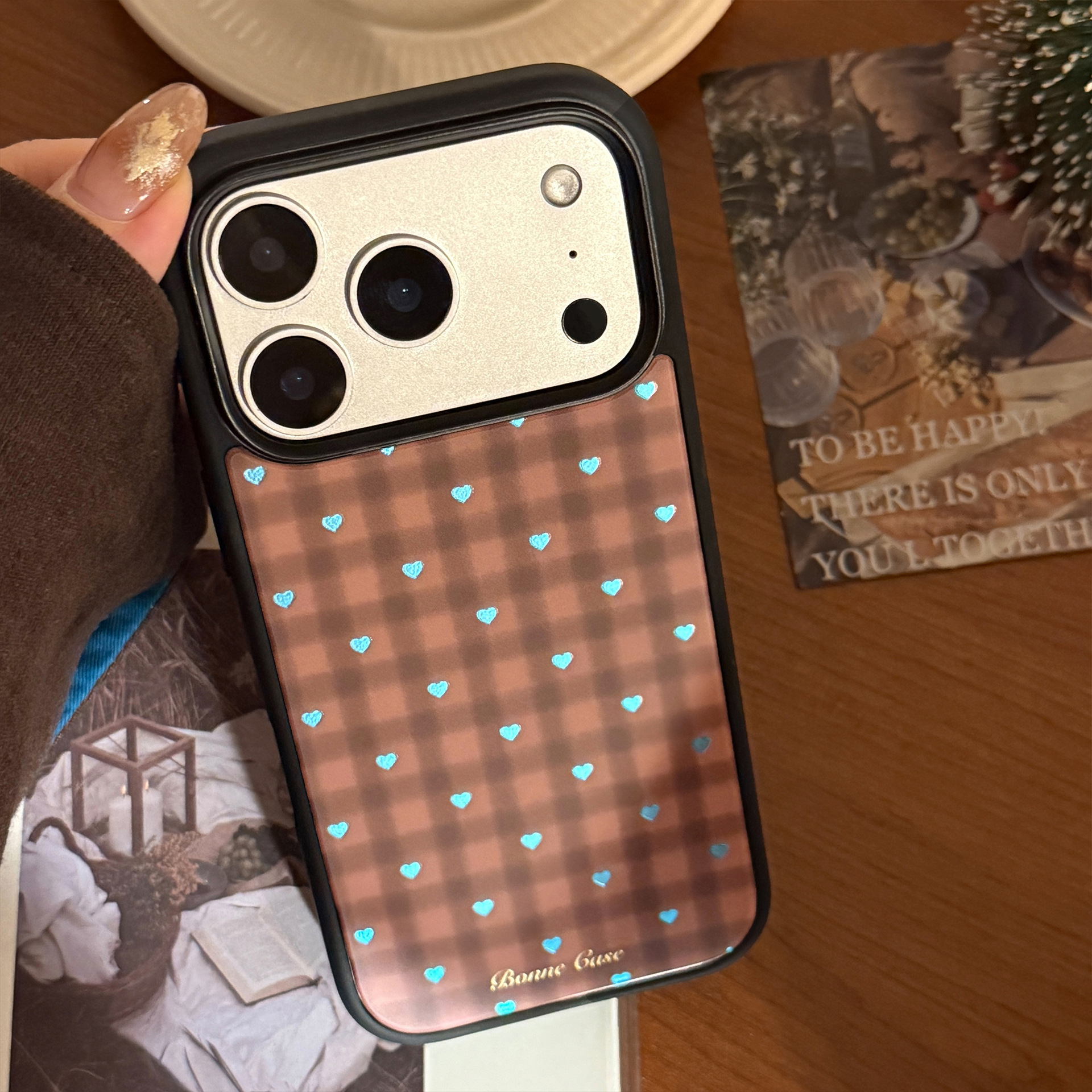 Black with gilded blue and brown plaid