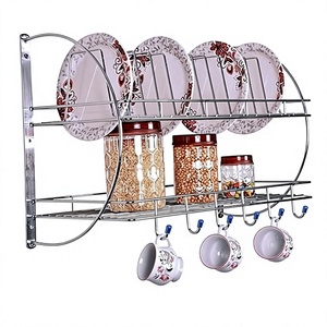 Wall Mounted 2 Tier Metal Dish <b>Rack</b> Drainer with Cup Hooks Kitchen <b>Plate</b> Bowl Storage Organizer - Product Image 5