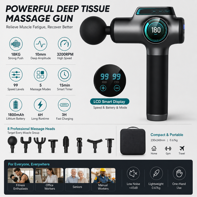 Professional 1200-3200rpm Deep Tissue Fascial Gun Sport Body Massager Vibration Wireless Remote Control 8 Massage Heads for