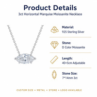 Collier pendentif en moissanite taille marquise horizontale 3 carats, serti à six griffes, en argent sterling S925, bijou unique et remarquable