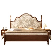 Cama de Plataforma Tapizada con Estampado Europeo Retro Francés, Crema, Estilo Mediados de Siglo, Madera Maciza, Elegante, para Dormitorio Principal, Cama Matrimonial Grande