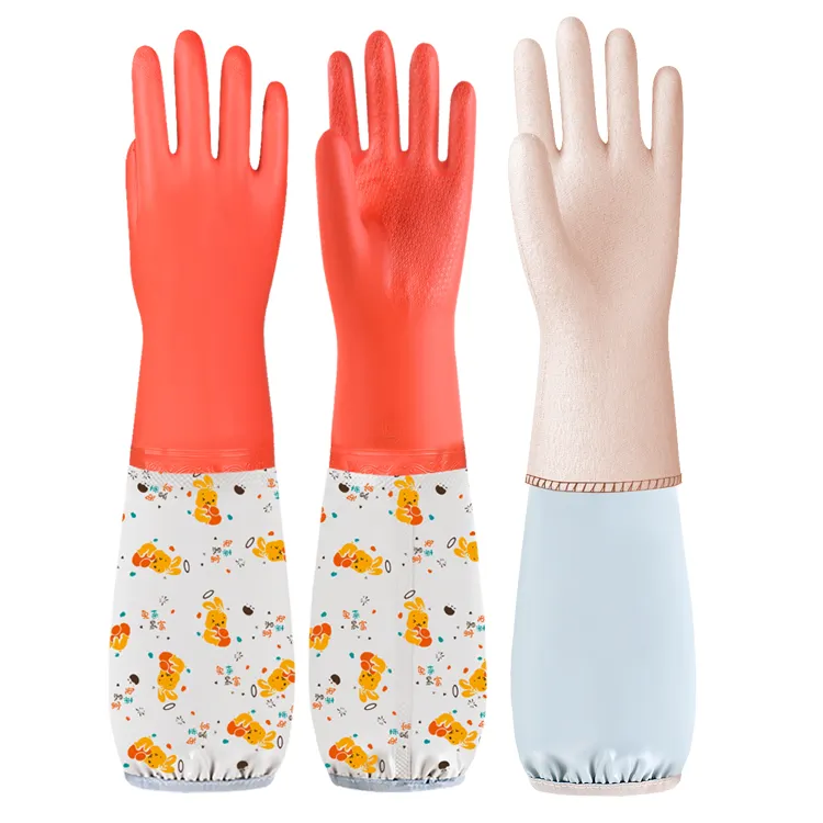 ถุงมือผ้าฝ้ายยางซิลิโคนสำหรับใช้ในครัวเรือนถุงมือล้างจานทำความสะอาดครัวแขนยาว