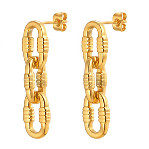 Boucles d'oreilles chaîne ovale embossée en acier inoxydable pour femmes Boucles d'oreilles simples rétro en or - Product Image 5