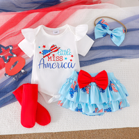 Tenue pour bébé fille, 4 pièces, barboteuse à manches courtes, jupe à volants, chaussettes, bandeau à nœud, ensemble Costume du jour de l'indépendance pour nouveau-né