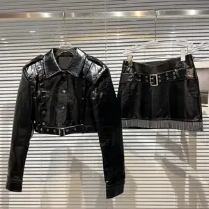 Autumn Cool Outfits Women New Motorcycle Leather Jacket Rhinestone Hip Skirt Female Skirt Suit Ladies 2 Pieces Skirt Set