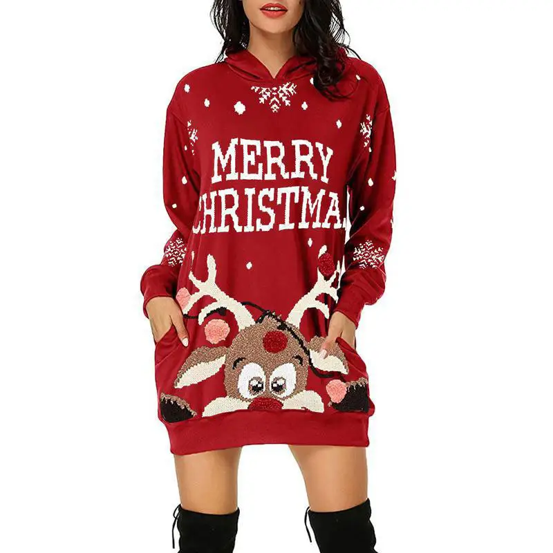 Hot Selling Christmas Winter Dress Print Mid Length Pocket Hooded Long Sleeve Women Hoodie Dress