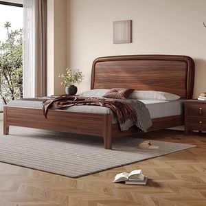 Cama de Madera Maciza de Nogal Negro Estilo Chino de 1.8M, Cama Doble Moderna con Almacenamiento, Muebles para Recámara Principal - Product Image 1