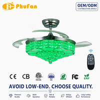 Ventilateur de plafond rétractable à pales transparentes, lustre en cristal RGB, LED dimmable avec télécommande pour la décoration résidentielle haut de gamme