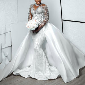 Abito da sposa pesante pieno di perle a manica lunga da sposa elegante abito da sposa con strascico a strascico Aso Ebi - Product Image 1