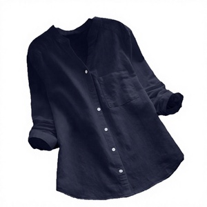 Chemise en lin et coton pour femme, coupe ample, col en V, manches longues, boutonnée, avec poche, pour le printemps et l'automne - Product Image 4