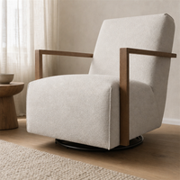 Fauteuil pivotant rembourré avec accoudoirs en bois ouvert et base métallique, chaise de salon rotative à 360° pour chambre à coucher