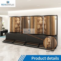 Présentoir de sol personnalisable avec pages rabattables et tiroirs, en métal, pour échantillons de revêtements de sol en showroom