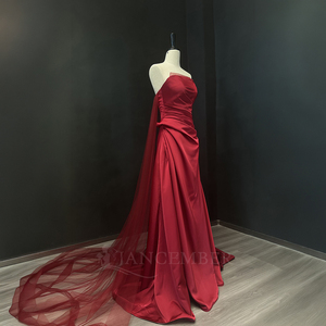 Vestido de Noche Elegante Rojo Satinado Nt152, Sin Tirantes, Corpiño Fruncido, Cintura Drapeada, Corte en A, Vestido Formal Jancember - Product Image 3