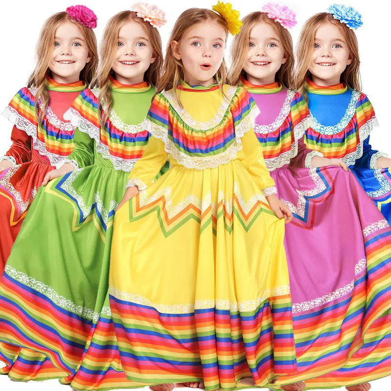 Robe traditionnelle mexicaine pour filles Costume d'Halloween Enfants Mexique Enfant Carnaval Fête d'anniversaire Déguisement