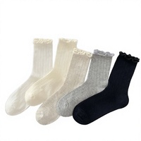 Chaussettes en coton respirantes à volants mi-mollet pour femmes, couleur unie, découpes en dentelle, fines et décontractées, printemps/été, pour filles, tricot simple