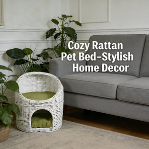 Cama para Gatos Moderna Hecha a Mano de Mimbre Blanco y Ratán - <span class=keywords><strong>Cueva</strong></span> Acolchada de Felpa Verde con Casa para Mascotas Duradera y Acogedora para Gatos en Caja - Product Image 5