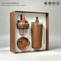 Bouteille 3-en-1 Esthétique et Bien-être, Shaker de Sport Isotherme avec Pot en Tritan et Mug de Voyage pour Café, Tasse à Eau en Acier Inoxydable 16/24oz