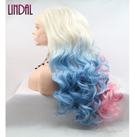 Perruque Synthétique Cosplay Blonde Moitié Bleue Moitié Rose Synthétique Lace Front en Fibre Résistante à la Chaleur Body Wave Drag Queen Maquillage Halloween Party