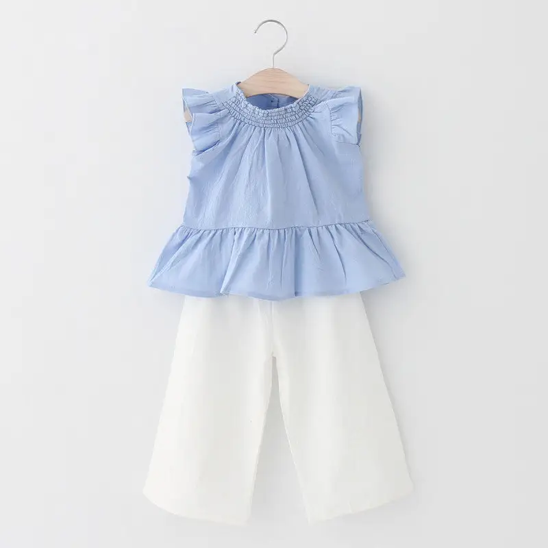 Conjunto de roupas elegantes para bebês, conjunto de roupas para bebês recém-nascidos meninos e meninas, top azul + calças brancas para meninas, roupas de verão